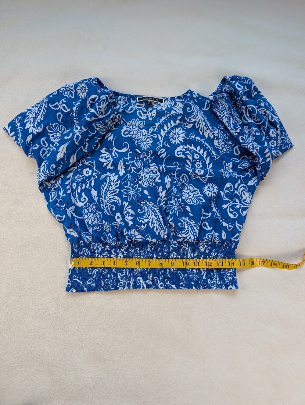 Melanie Lyne Paisley Smocked Waist Blouse Blue White Size M - Picture 14 of 17